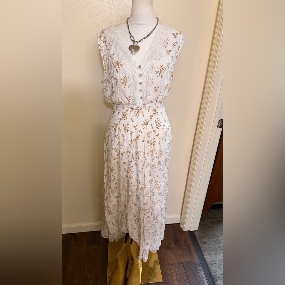 Sleeveless White Midi Dress with Gold Floral Embroidery